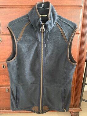 Barbour Navy Fleece Zip-Front Vest with Brown Trim